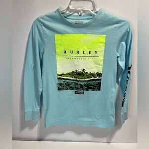 Hurley Aqua and Lime Graphic Long Sleeve Tee Boys Size 10-12